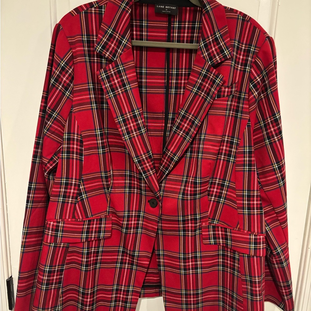 Lane Bryant Perfect Drape One-Button Red and Black Plaid Blazer